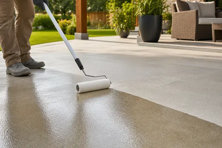 Clear protective sealer applied to a concrete patio