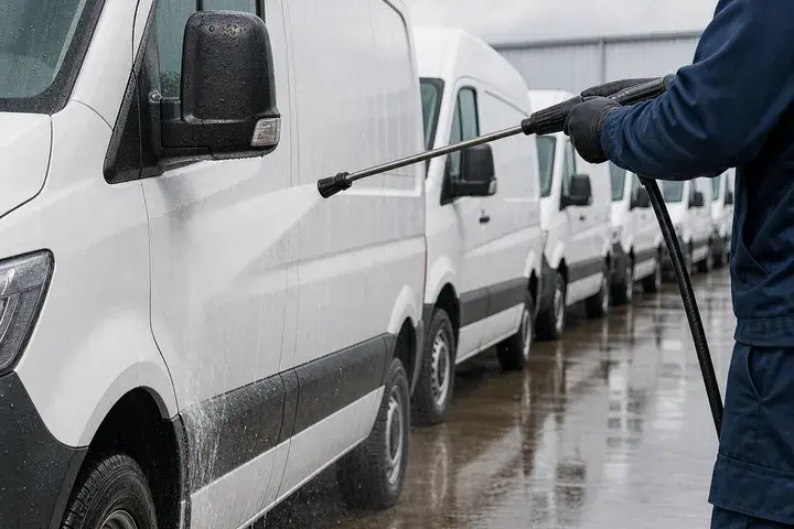 Professional pressure washing a fleet of commercial vans