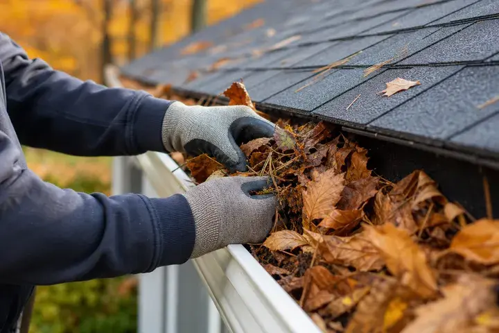 Gloved professional removing leaves from a rain gutter