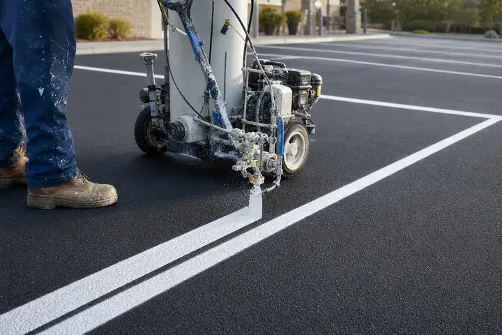 Fresh parking lot lines applied with a striping machine