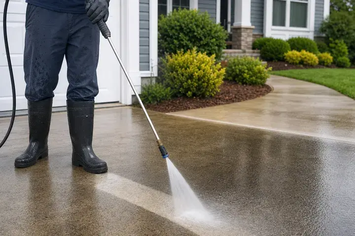 Professional pressure washing a residential driveway