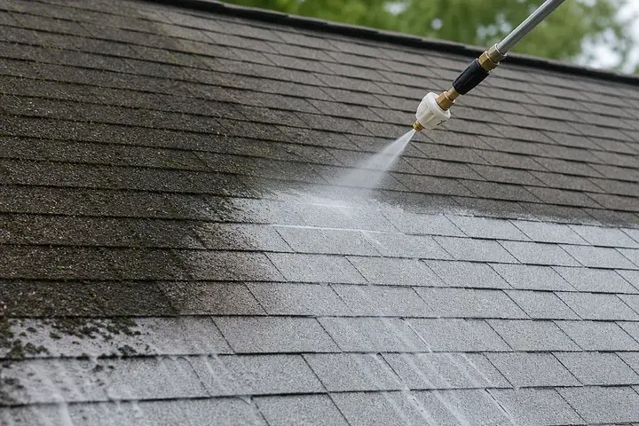 Low-pressure washing removing algae from roof shingles