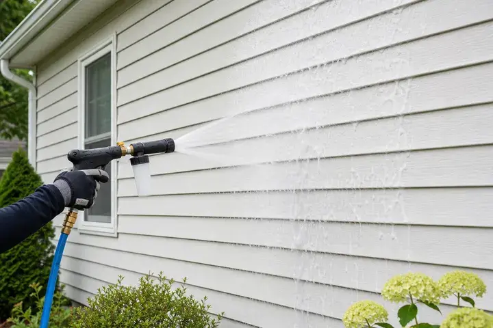 Low-pressure soft washing foam applied to house siding