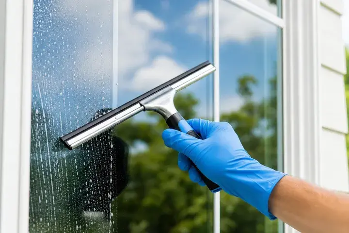 Professional cleaning a residential window with a squeegee