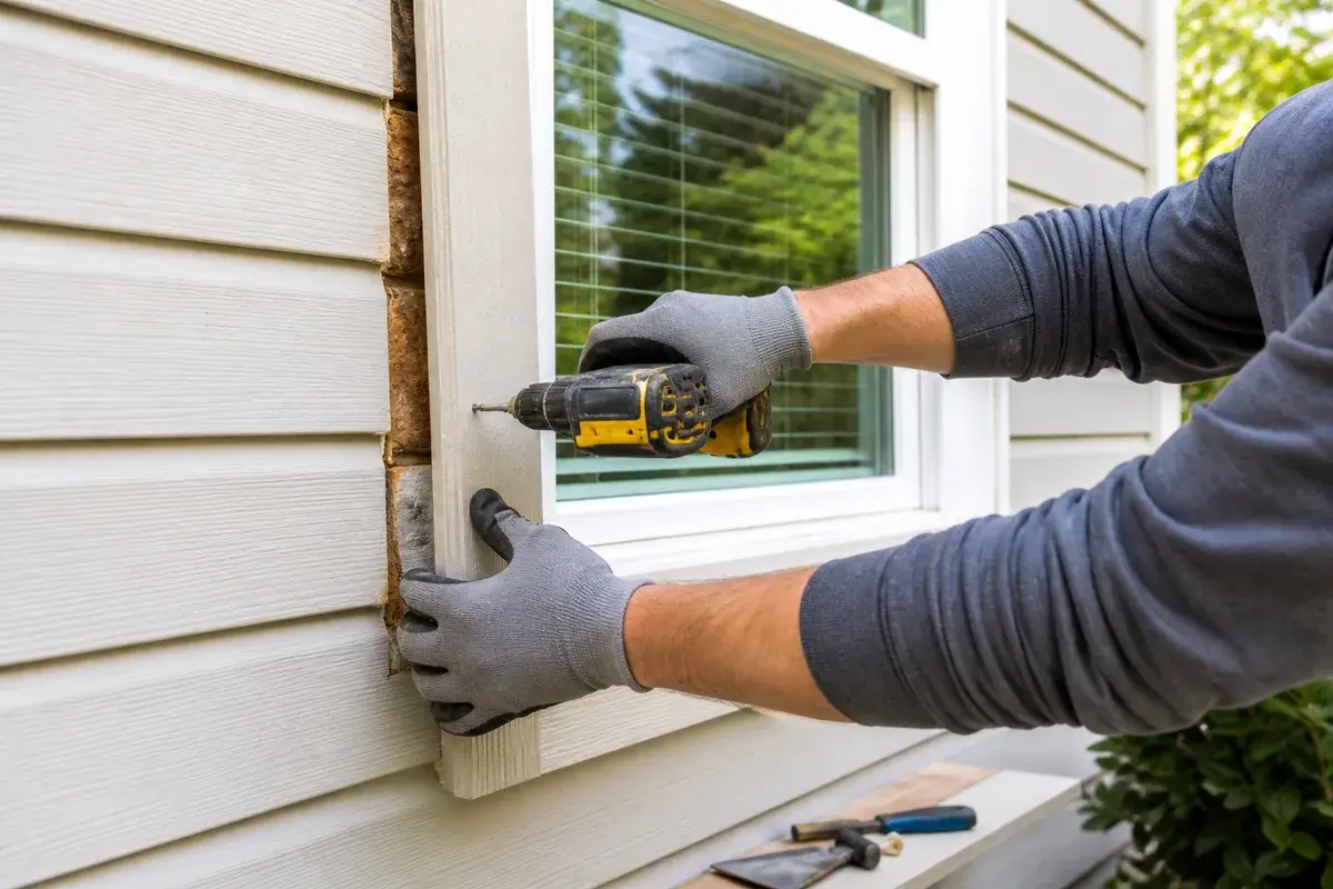 Professional repairing exterior trim beside a home window