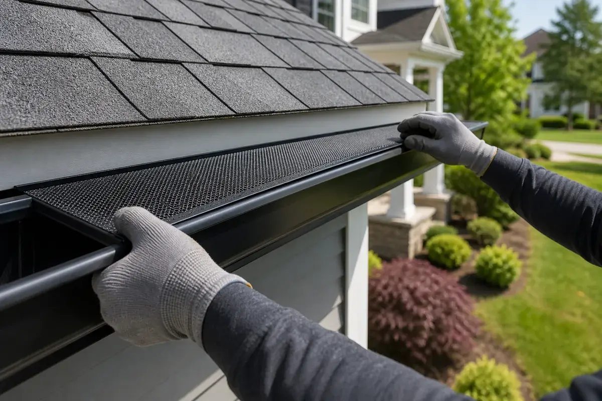 Professional installing a mesh gutter guard on a home